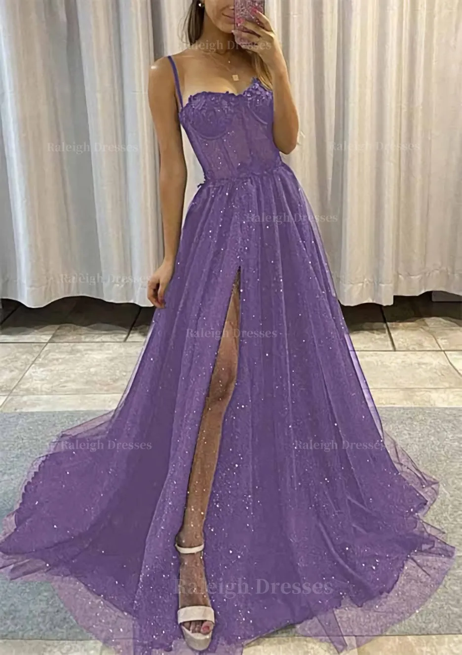 A-line Sweetheart Spaghetti Straps Sweep Train Tulle Glitter Prom Dress With Appliqued