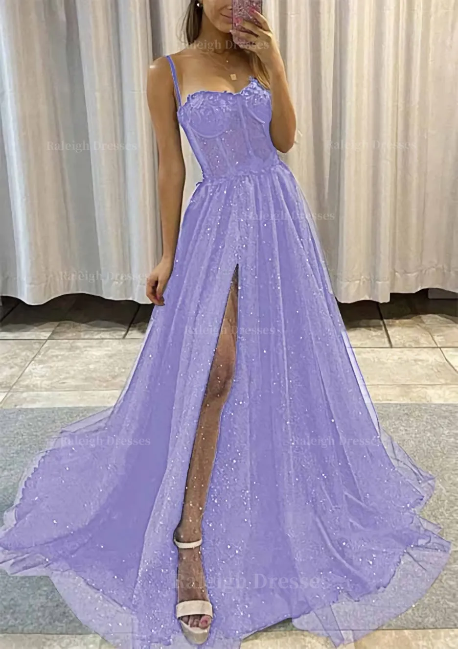 A-line Sweetheart Spaghetti Straps Sweep Train Tulle Glitter Prom Dress With Appliqued