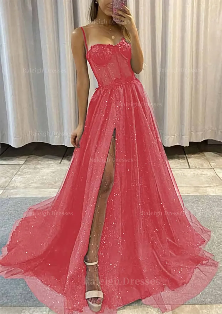 A-line Sweetheart Spaghetti Straps Sweep Train Tulle Glitter Prom Dress With Appliqued