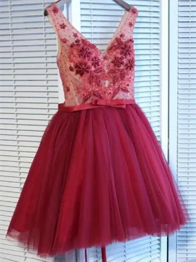 A-line V-neck Mini Tulle Short Beaded Homecoming Dresses HX00173