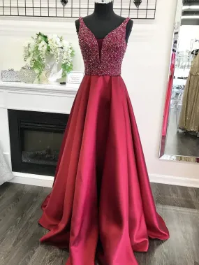 A-line V-neck Satin Floor-Length Beaded Burgundy  Prom Dresses 2887