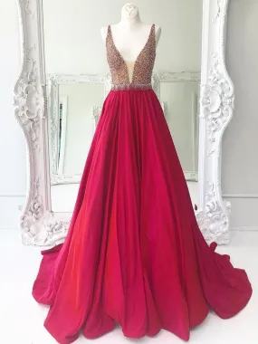 A-line  V-Neck Sweep Train Taffeta Sequined Prom Dresses 2846