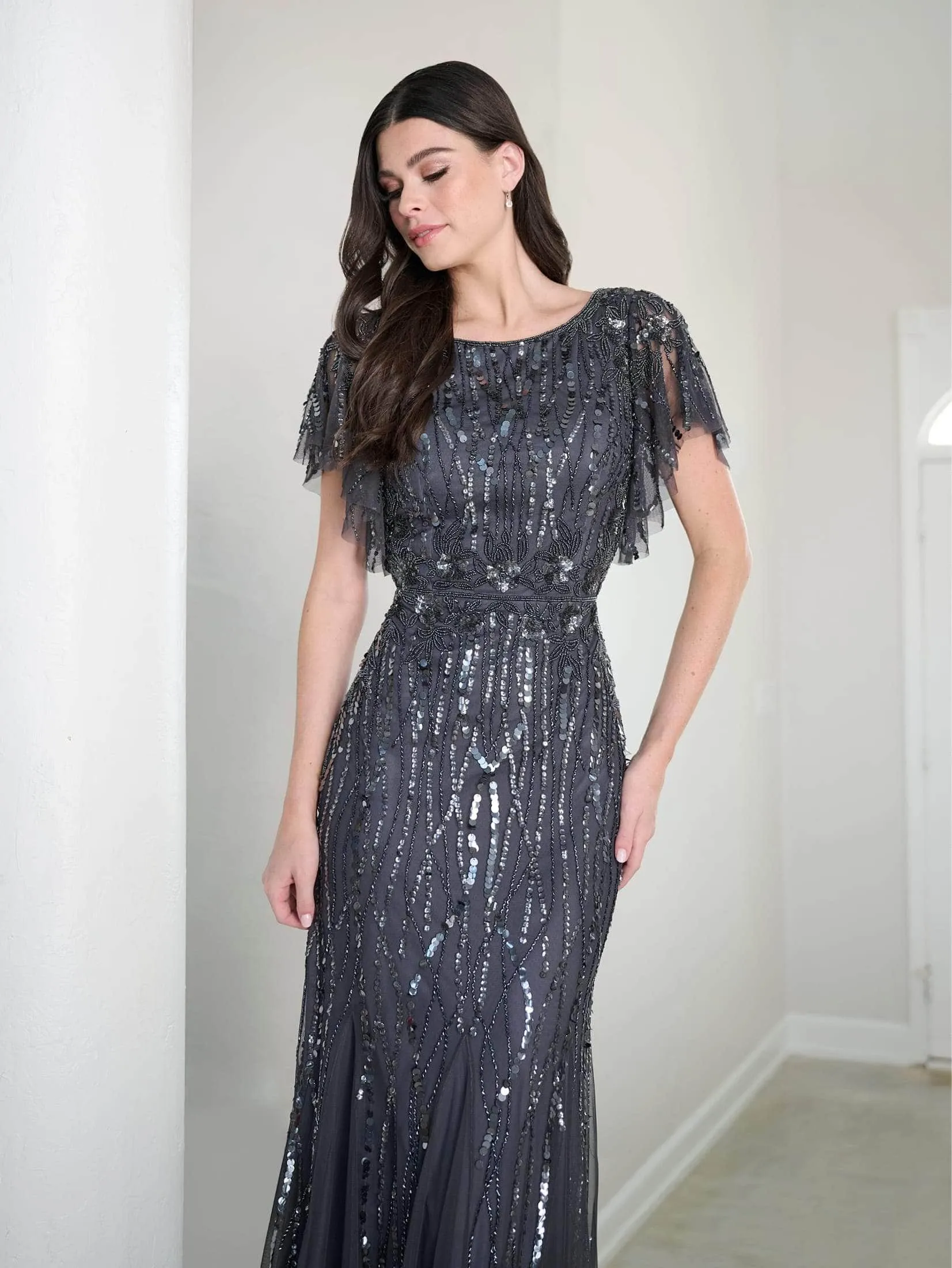 Adrianna Papell Platinum 40452 - Embellished Flutter Sleeve Long Dress