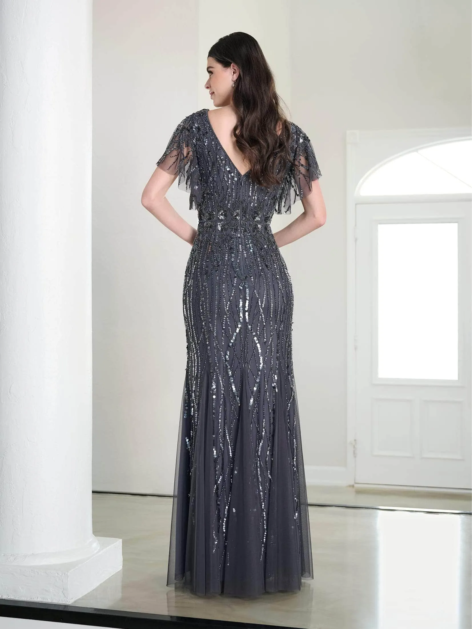 Adrianna Papell Platinum 40452 - Embellished Flutter Sleeve Long Dress