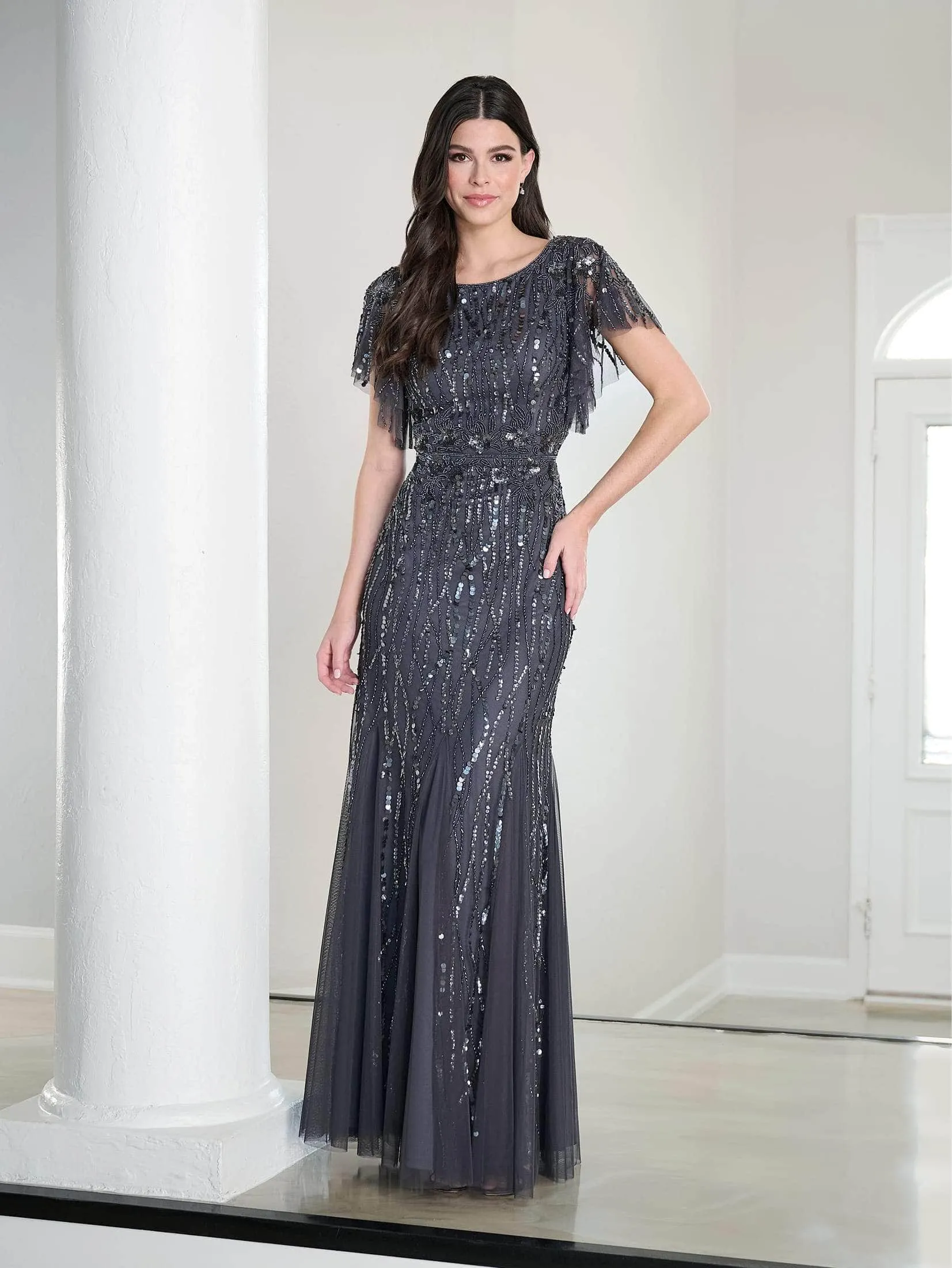 Adrianna Papell Platinum 40452 - Embellished Flutter Sleeve Long Dress