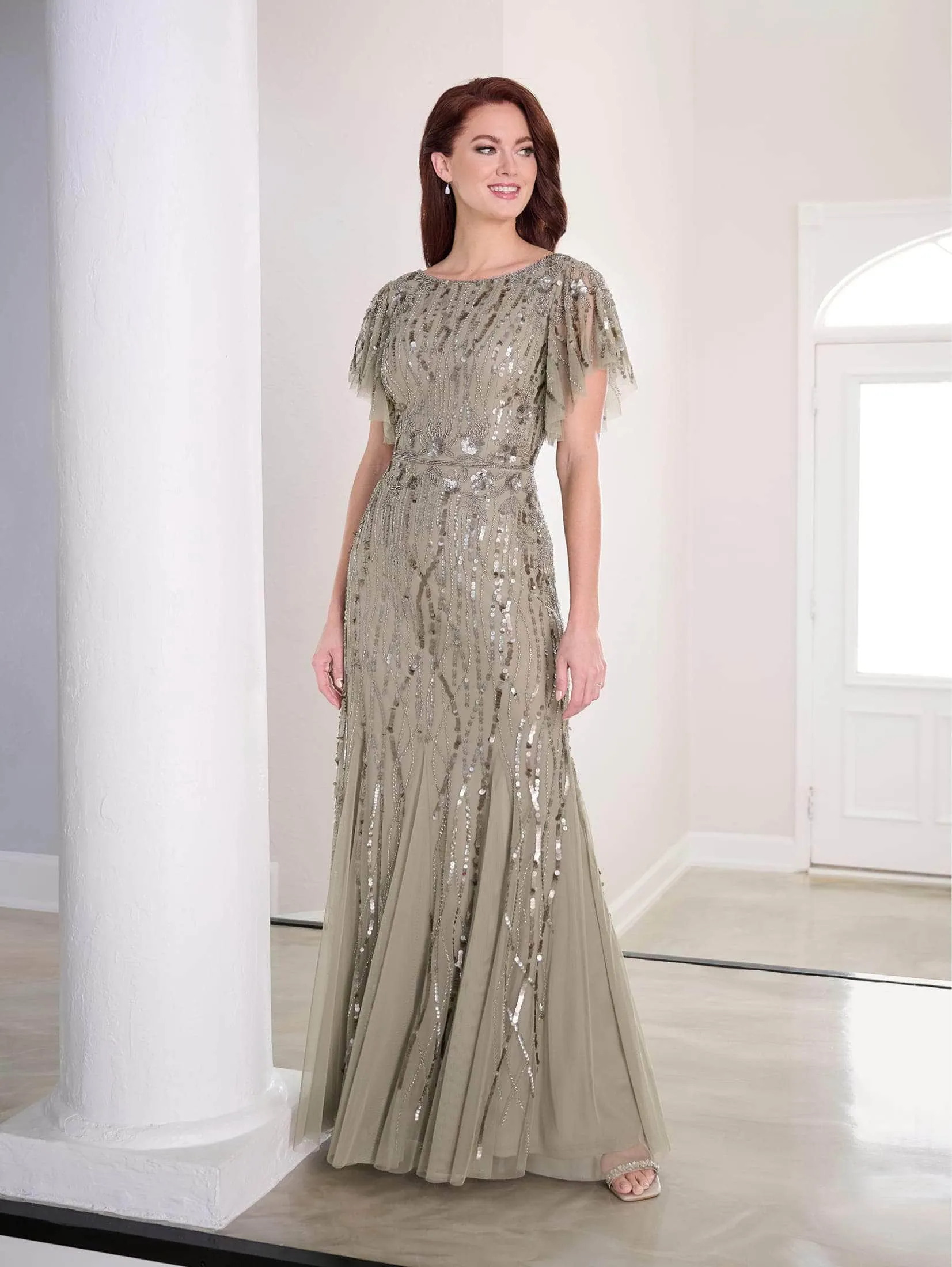 Adrianna Papell Platinum 40452 - Embellished Flutter Sleeve Long Dress