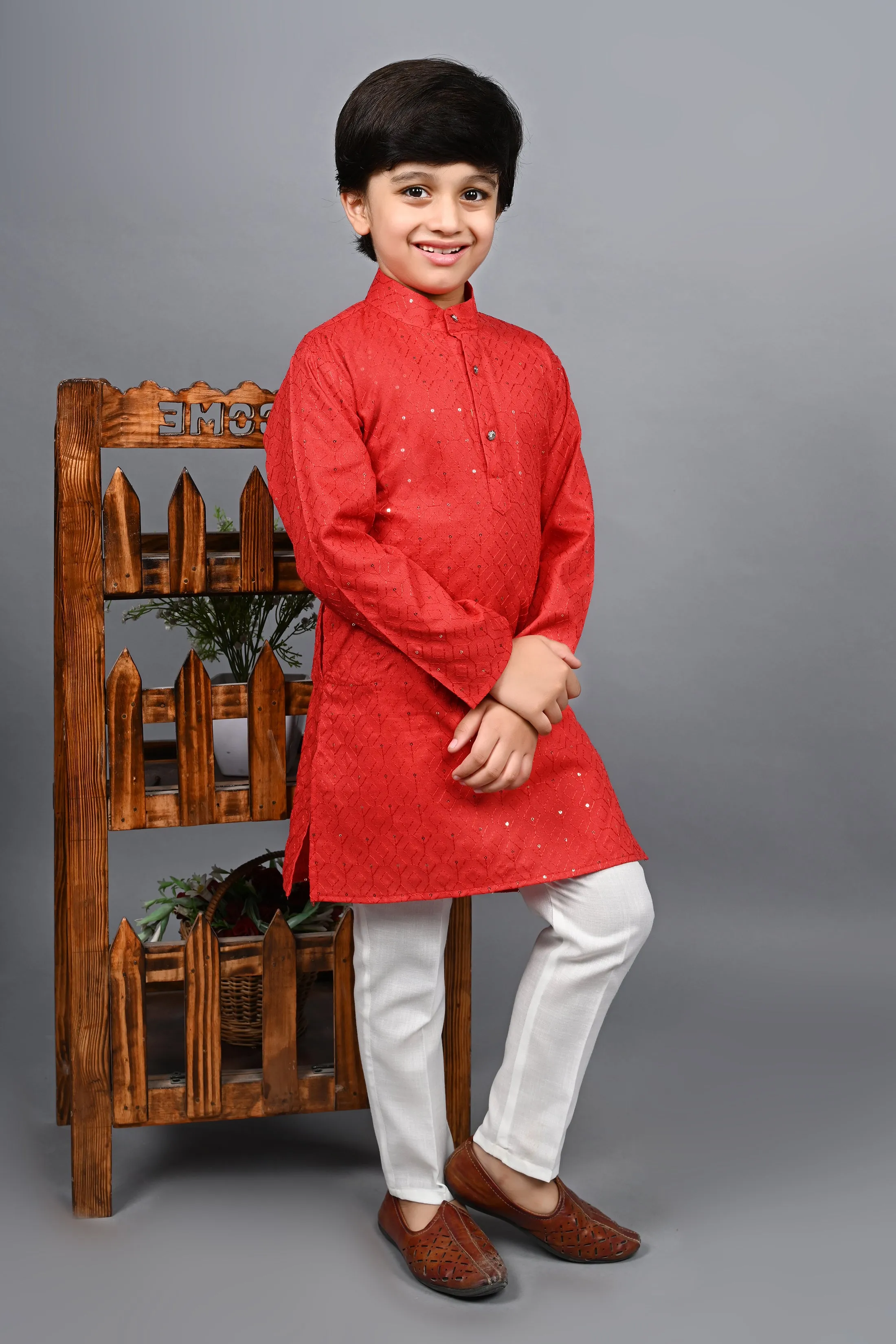 Ahhaaaa Kid's Sequin Print Embroidery Mirror Work Kurta with Pajama for Boys