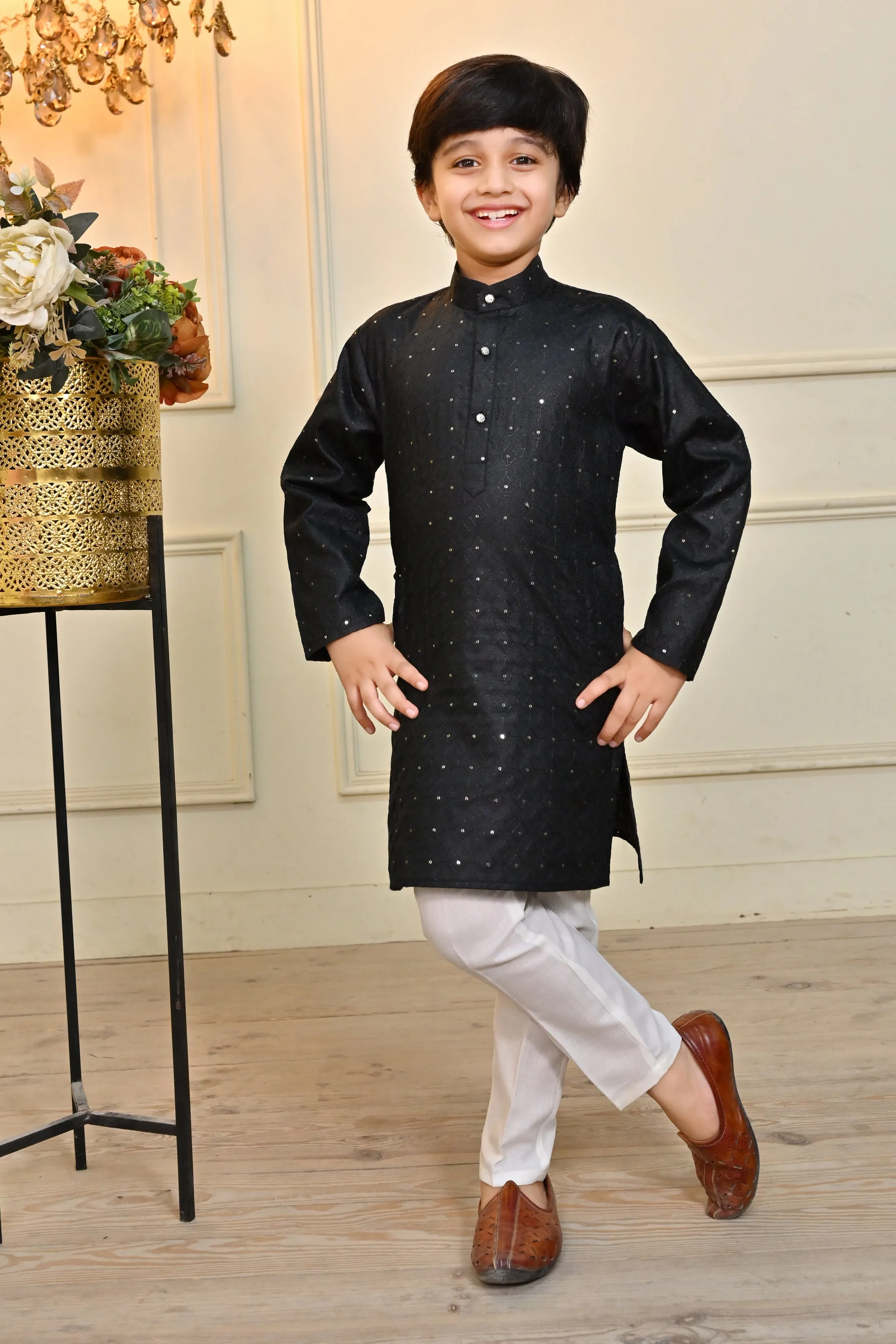 Ahhaaaa Kid's Sequin Print Embroidery Mirror Work Kurta with Pajama for Boys