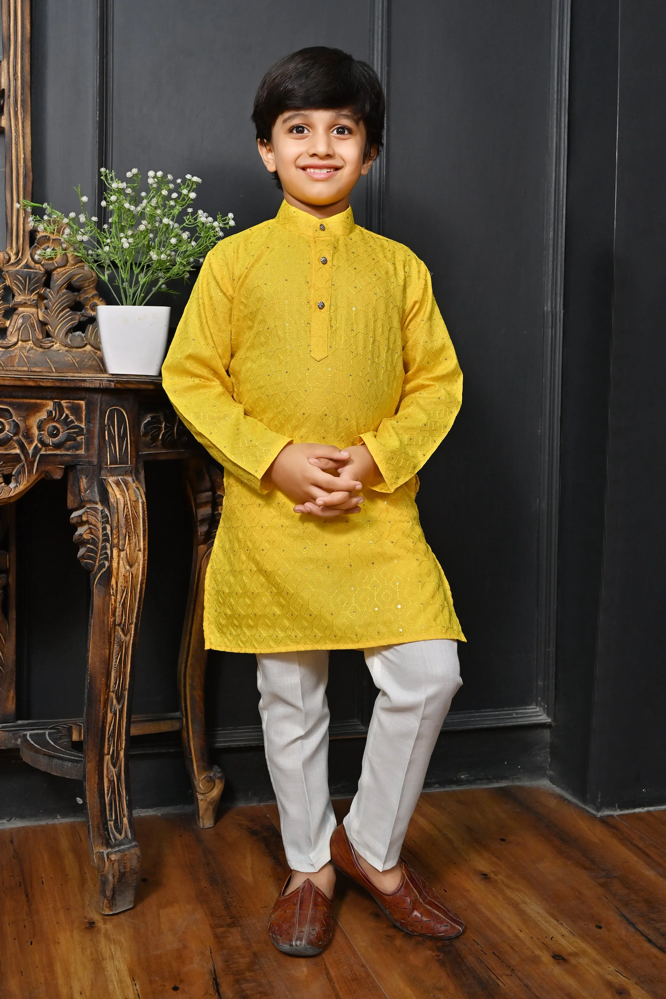 Ahhaaaa Kid's Sequin Print Embroidery Mirror Work Kurta with Pajama for Boys