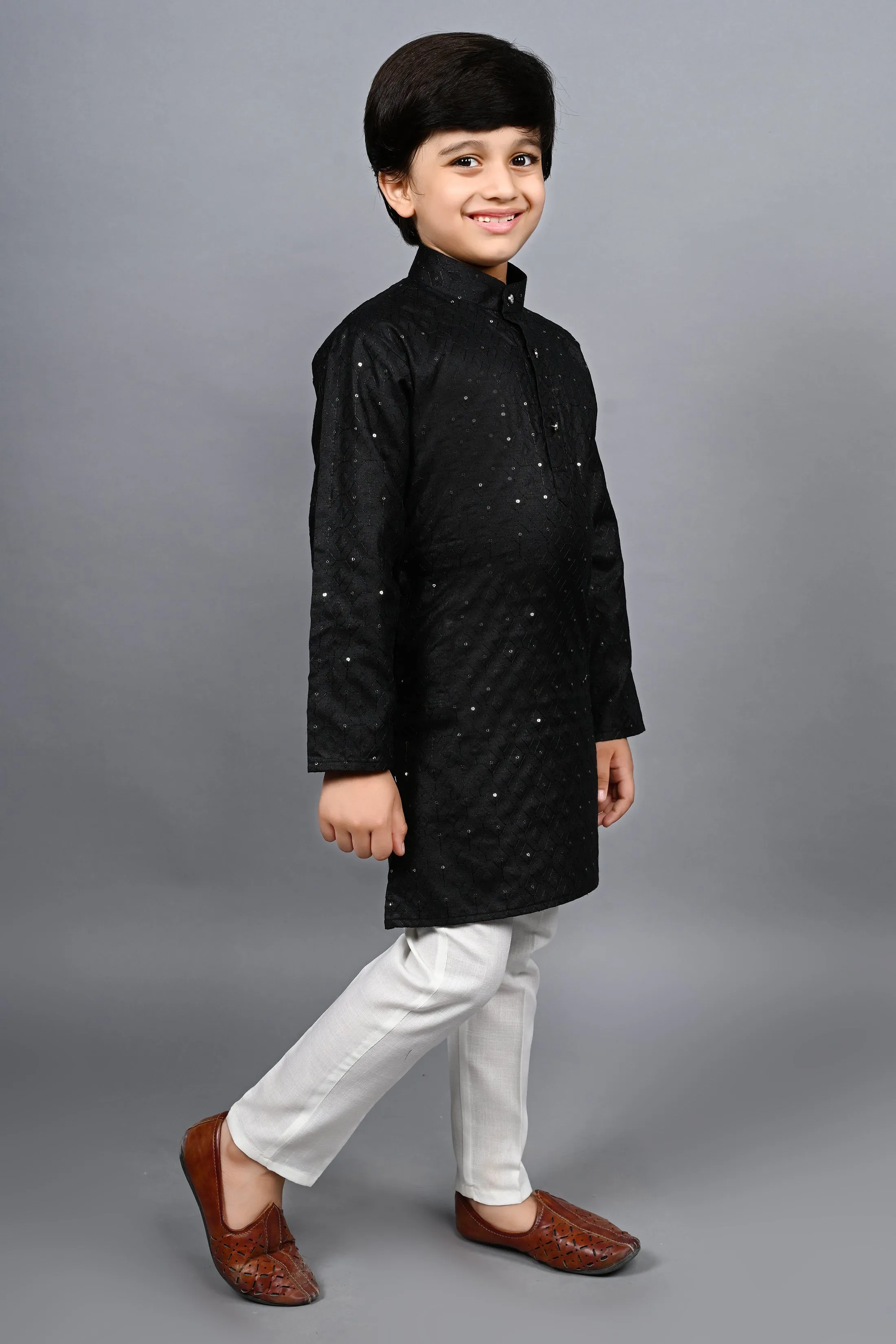 Ahhaaaa Kid's Sequin Print Embroidery Mirror Work Kurta with Pajama for Boys