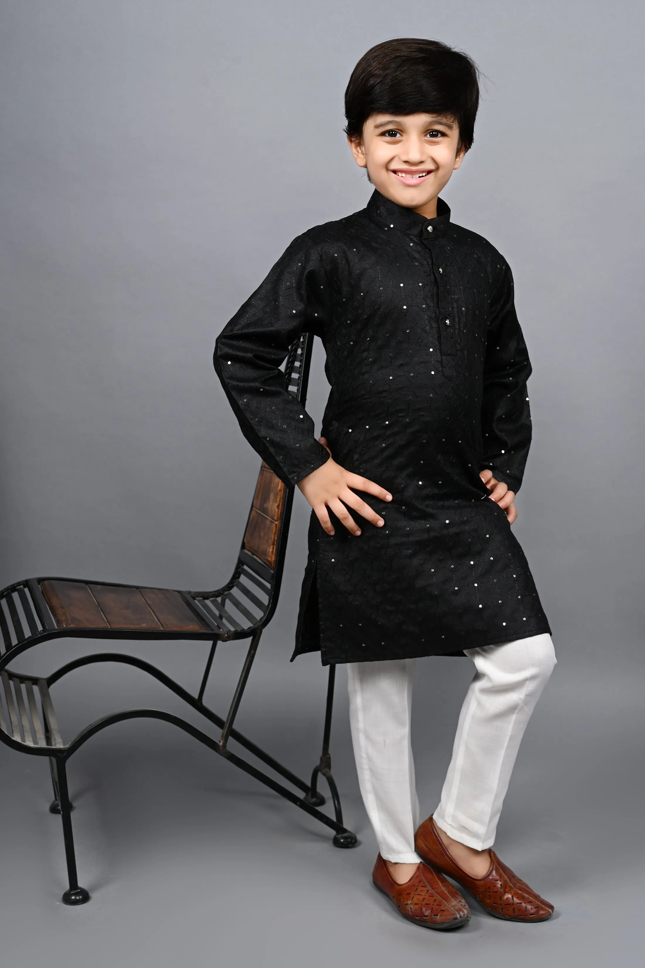 Ahhaaaa Kid's Sequin Print Embroidery Mirror Work Kurta with Pajama for Boys