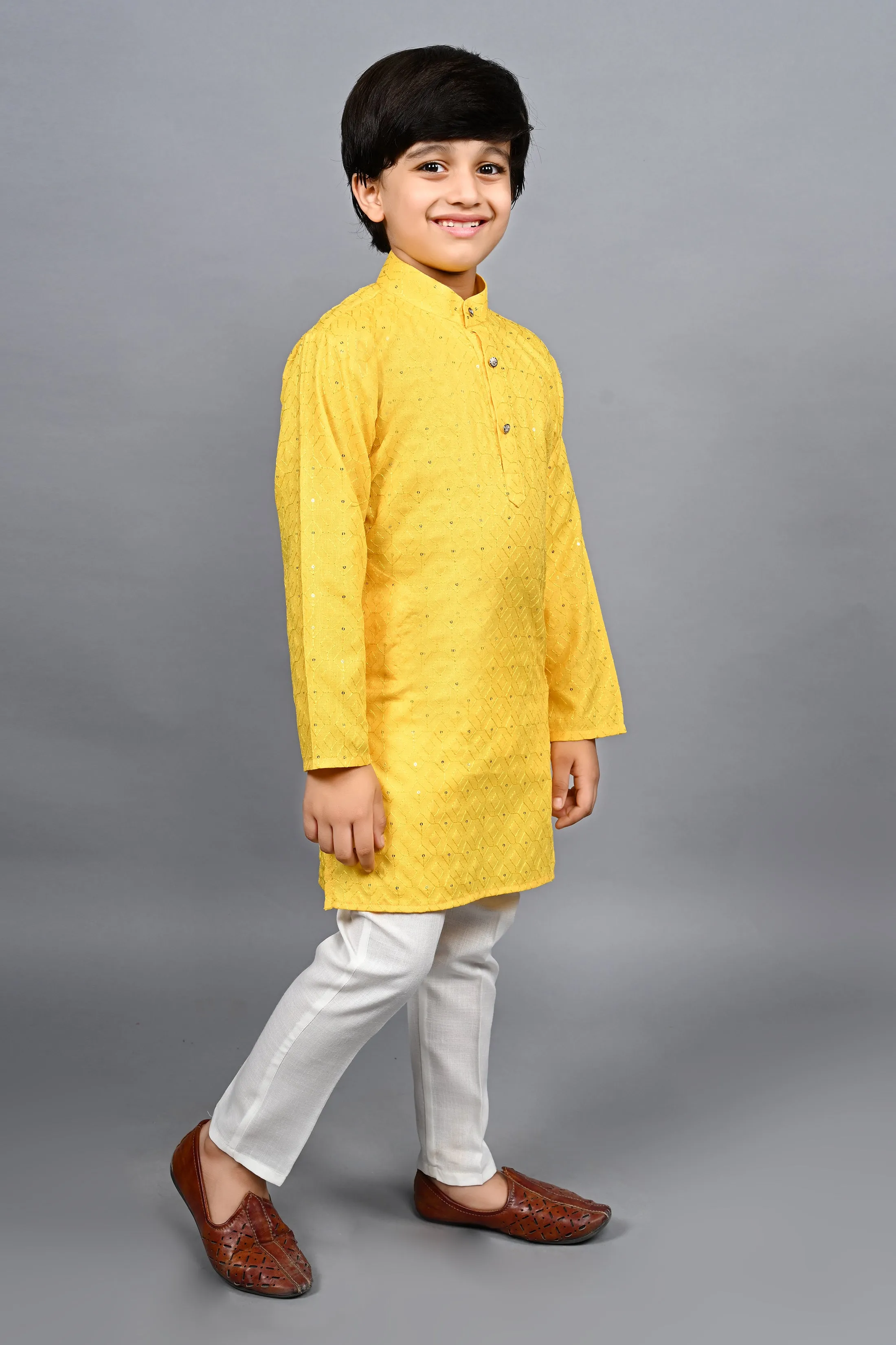 Ahhaaaa Kid's Sequin Print Embroidery Mirror Work Kurta with Pajama for Boys