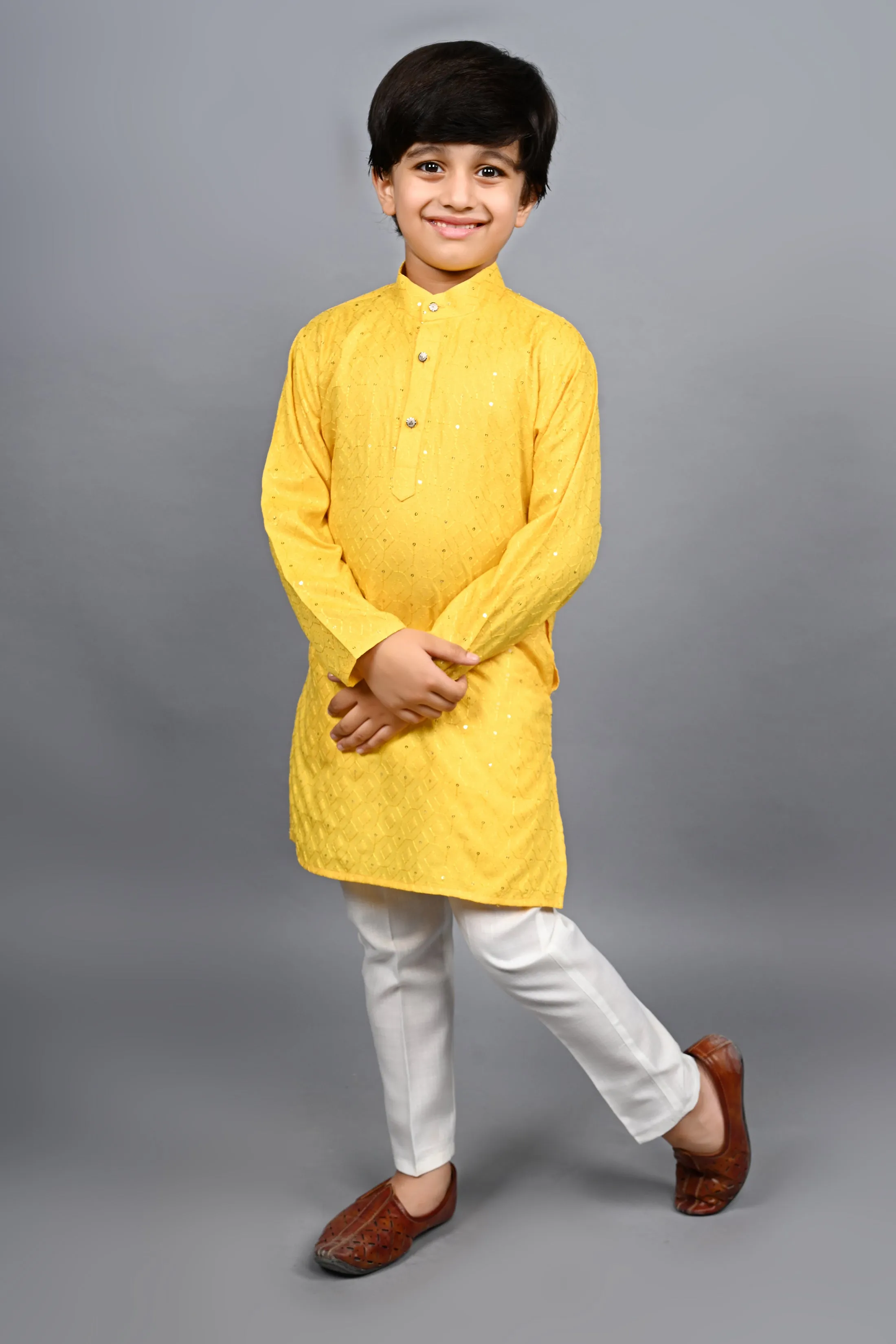 Ahhaaaa Kid's Sequin Print Embroidery Mirror Work Kurta with Pajama for Boys