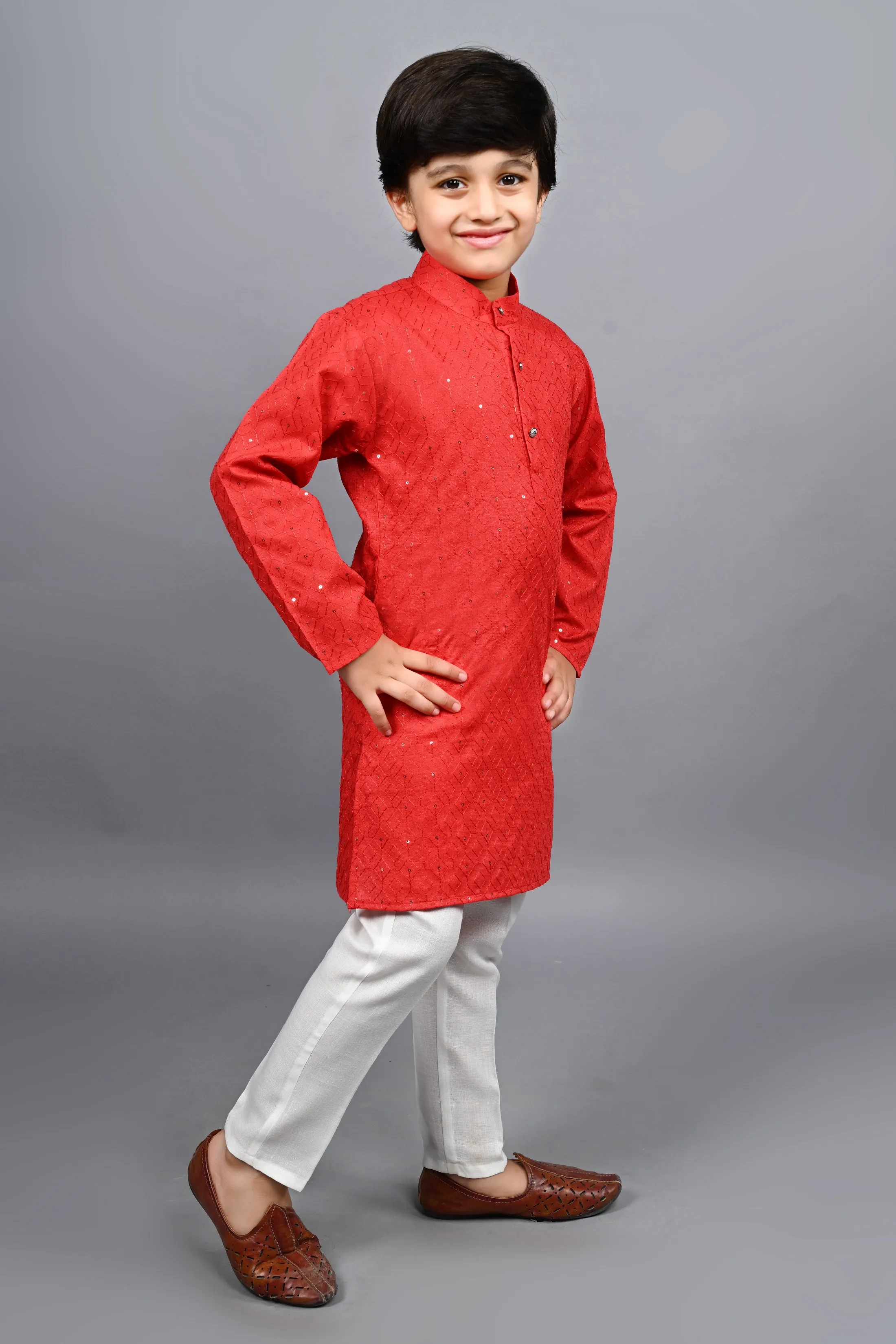 Ahhaaaa Kid's Sequin Print Embroidery Mirror Work Kurta with Pajama for Boys