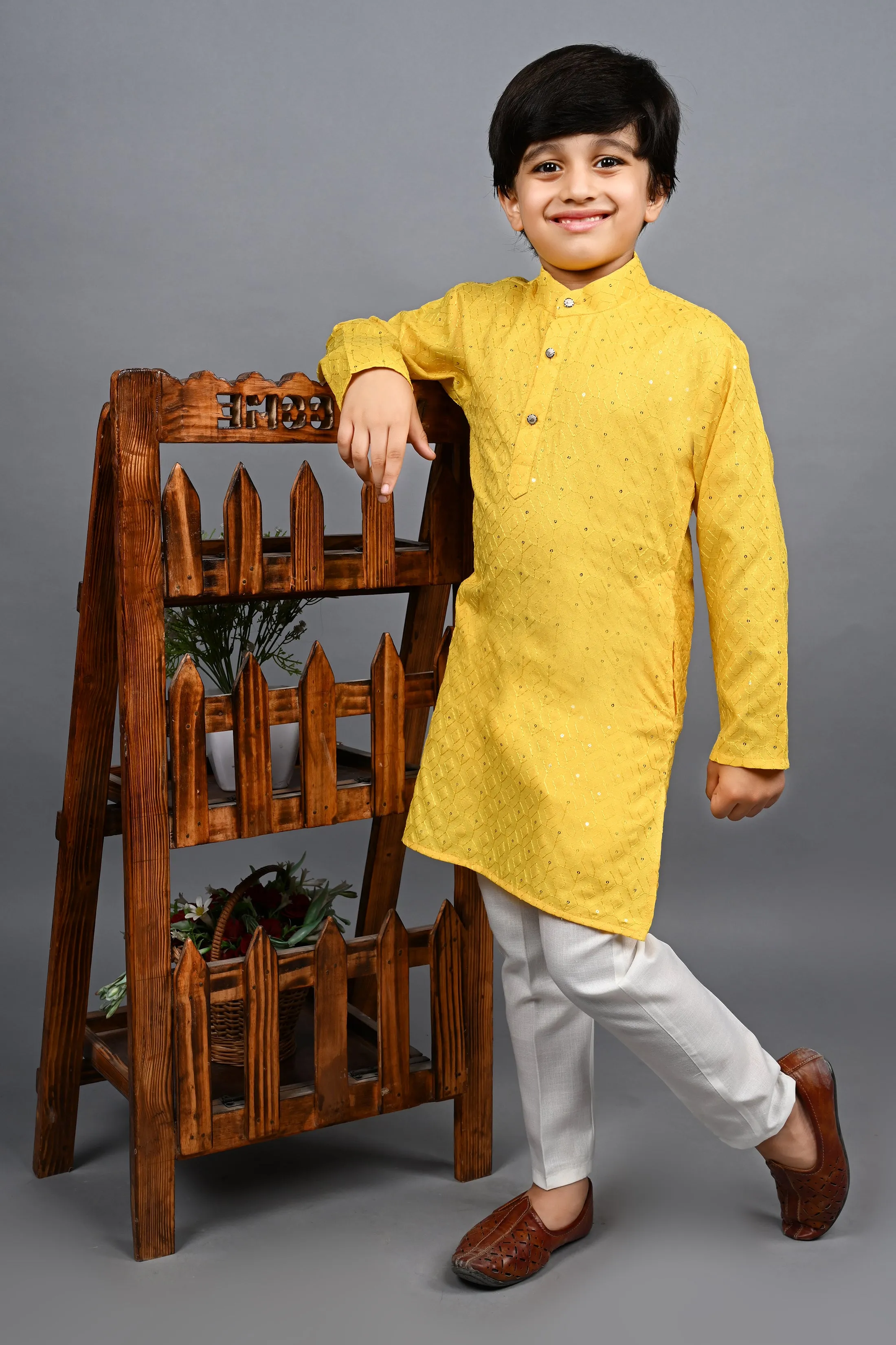 Ahhaaaa Kid's Sequin Print Embroidery Mirror Work Kurta with Pajama for Boys