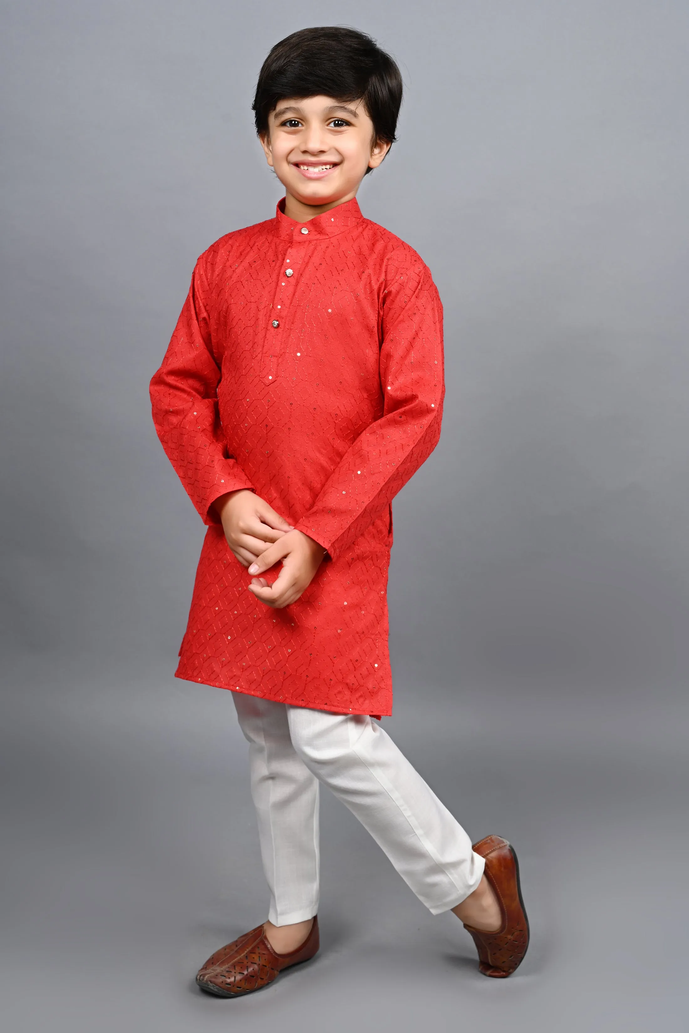 Ahhaaaa Kid's Sequin Print Embroidery Mirror Work Kurta with Pajama for Boys