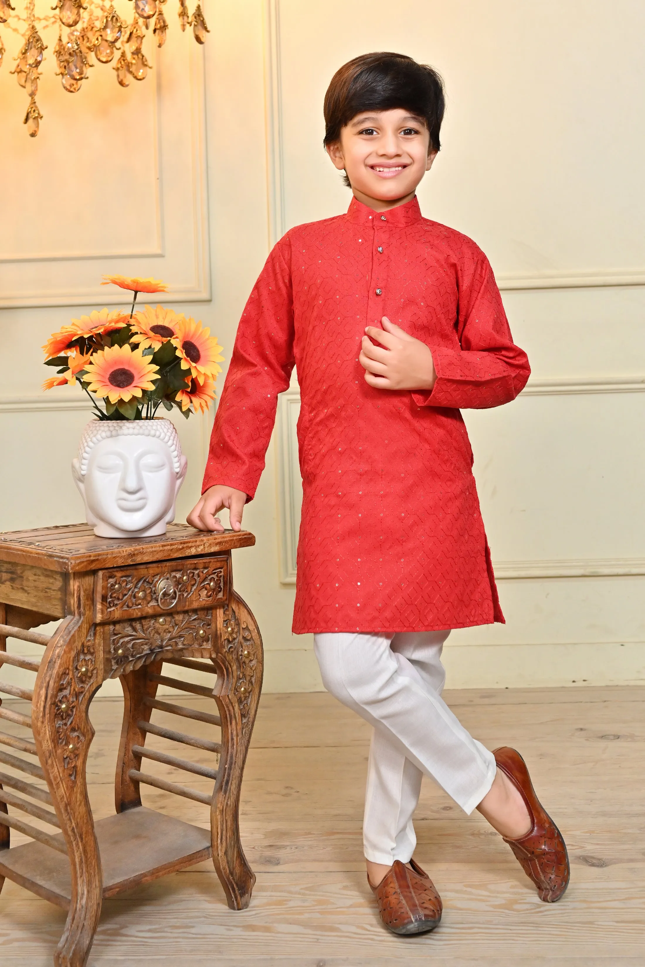 Ahhaaaa Kid's Sequin Print Embroidery Mirror Work Kurta with Pajama for Boys