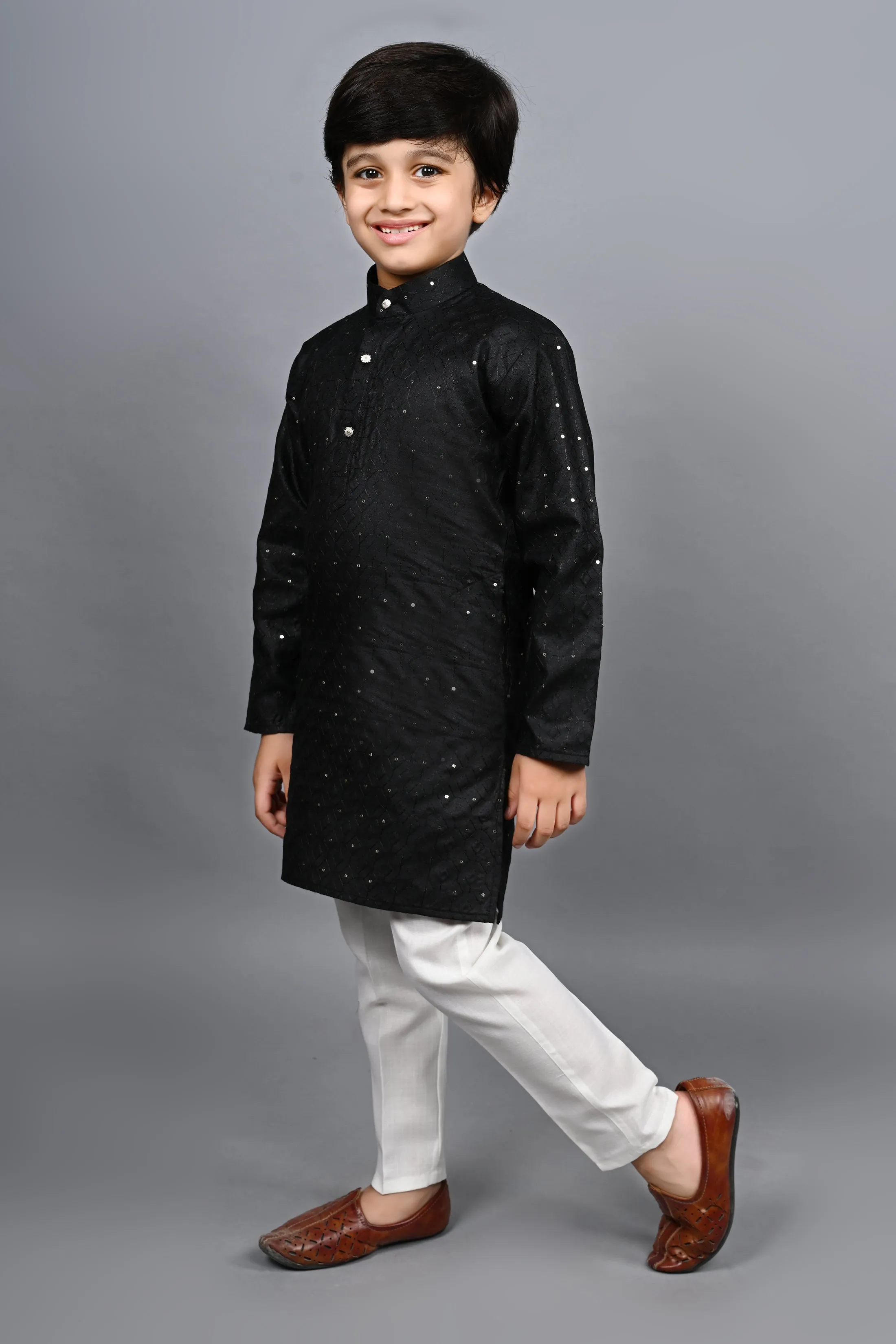 Ahhaaaa Kid's Sequin Print Embroidery Mirror Work Kurta with Pajama for Boys