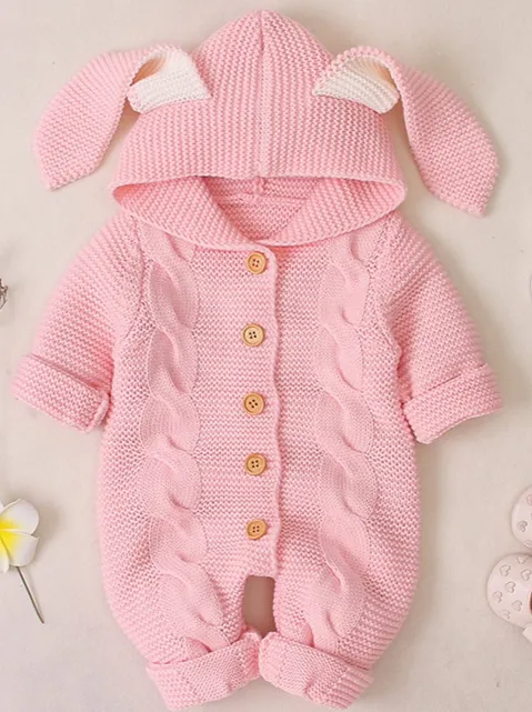 Baby Cute Bunny Cardigan Knit Hooded Romper Onesie