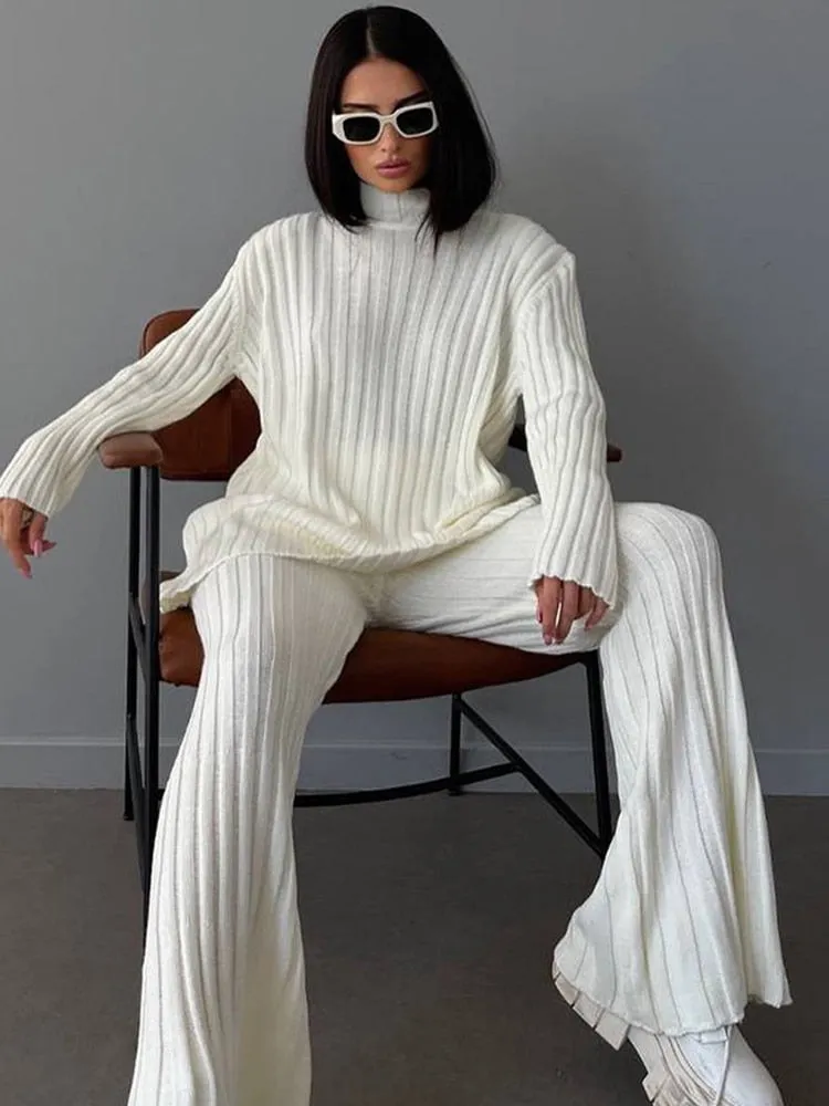 BerriesJam - 2024 White Turtleneck Striped Knitted Two Piece Sets Loungewear