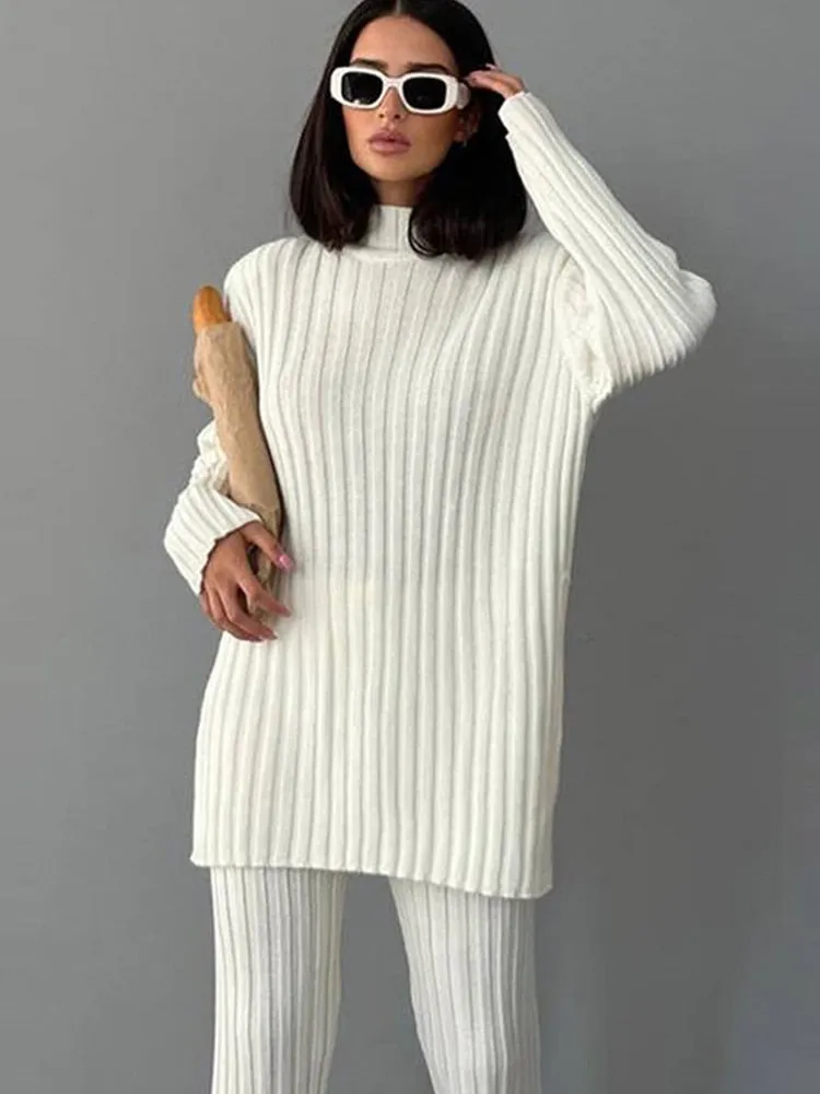 BerriesJam - 2024 White Turtleneck Striped Knitted Two Piece Sets Loungewear