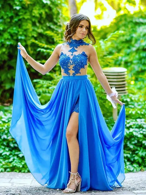 Blue Sexy See-Through Tulle Lace Appliques With Sequins High Neck  Side Slit Prom Dresses ,PD00032