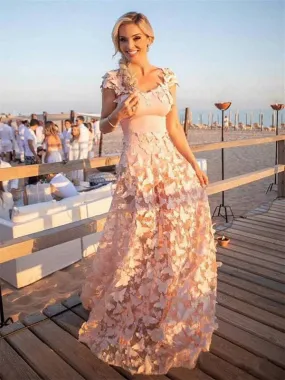 Blush Pink Butterfly Applique Cap Sleeve Prom Dresses.PD00235