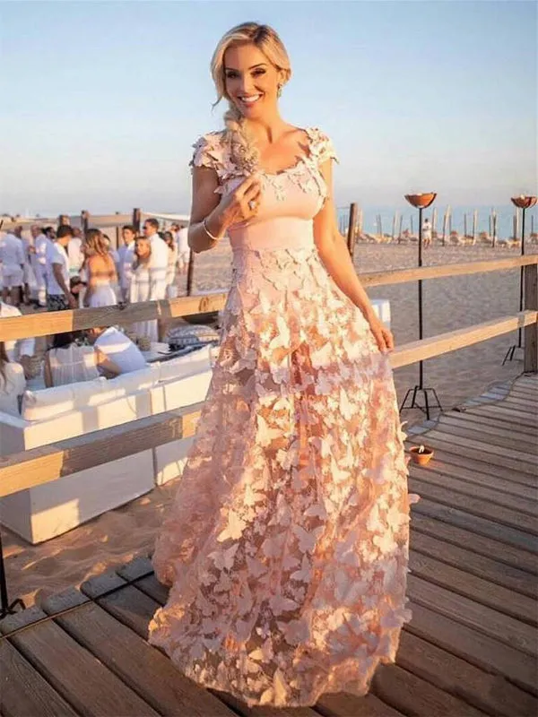 Blush Pink Butterfly Applique Cap Sleeve Prom Dresses.PD00235