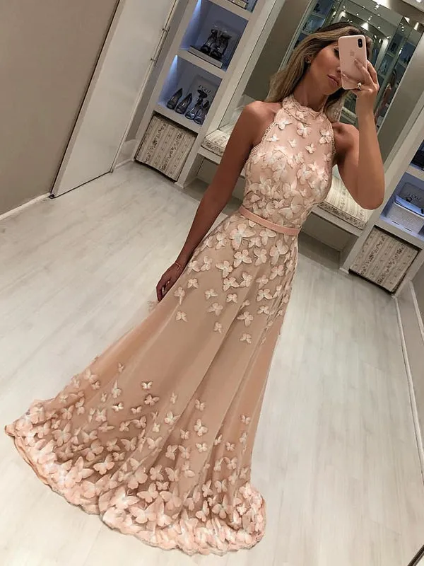 Blush Pink Butterfly Applique High Neck A-line Long Prom Dresses.PD00248