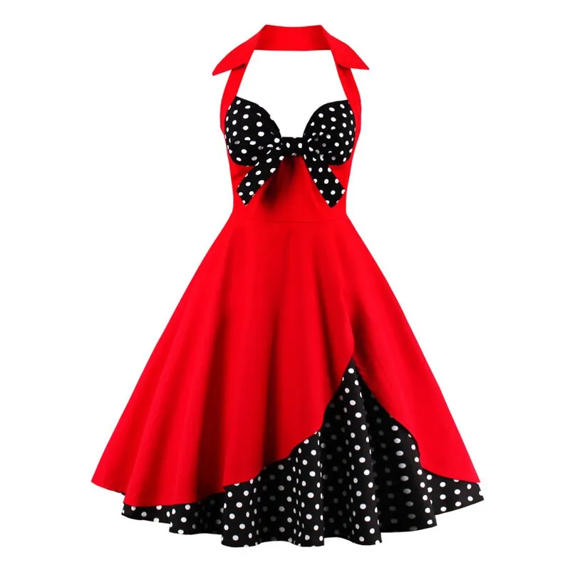 Bow Knot Front Sexy V-Neck Halter Party Vintage 50s Dress Backless Cotton Dresses