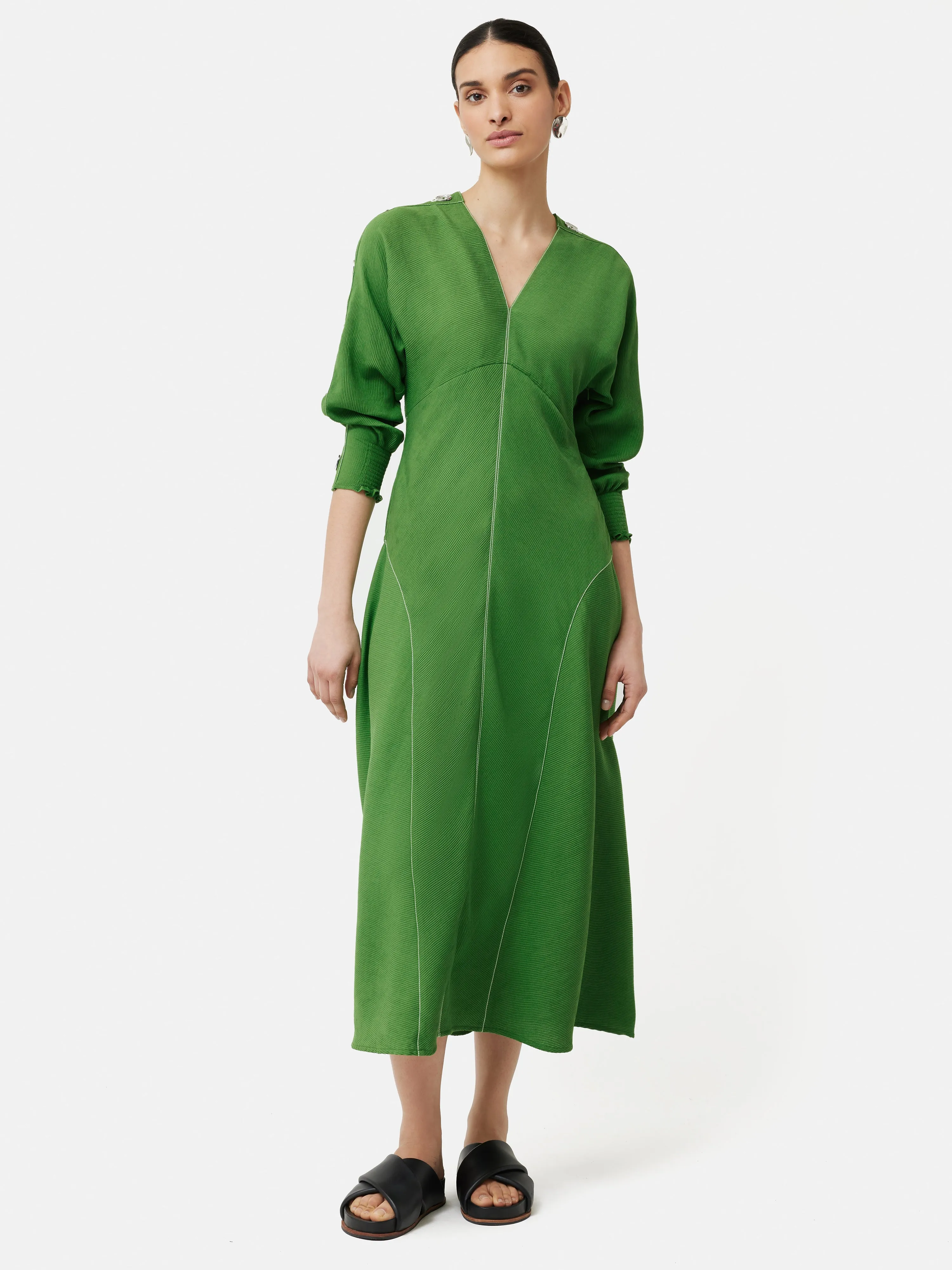 Button Detail Crepe Midi Dress | Green