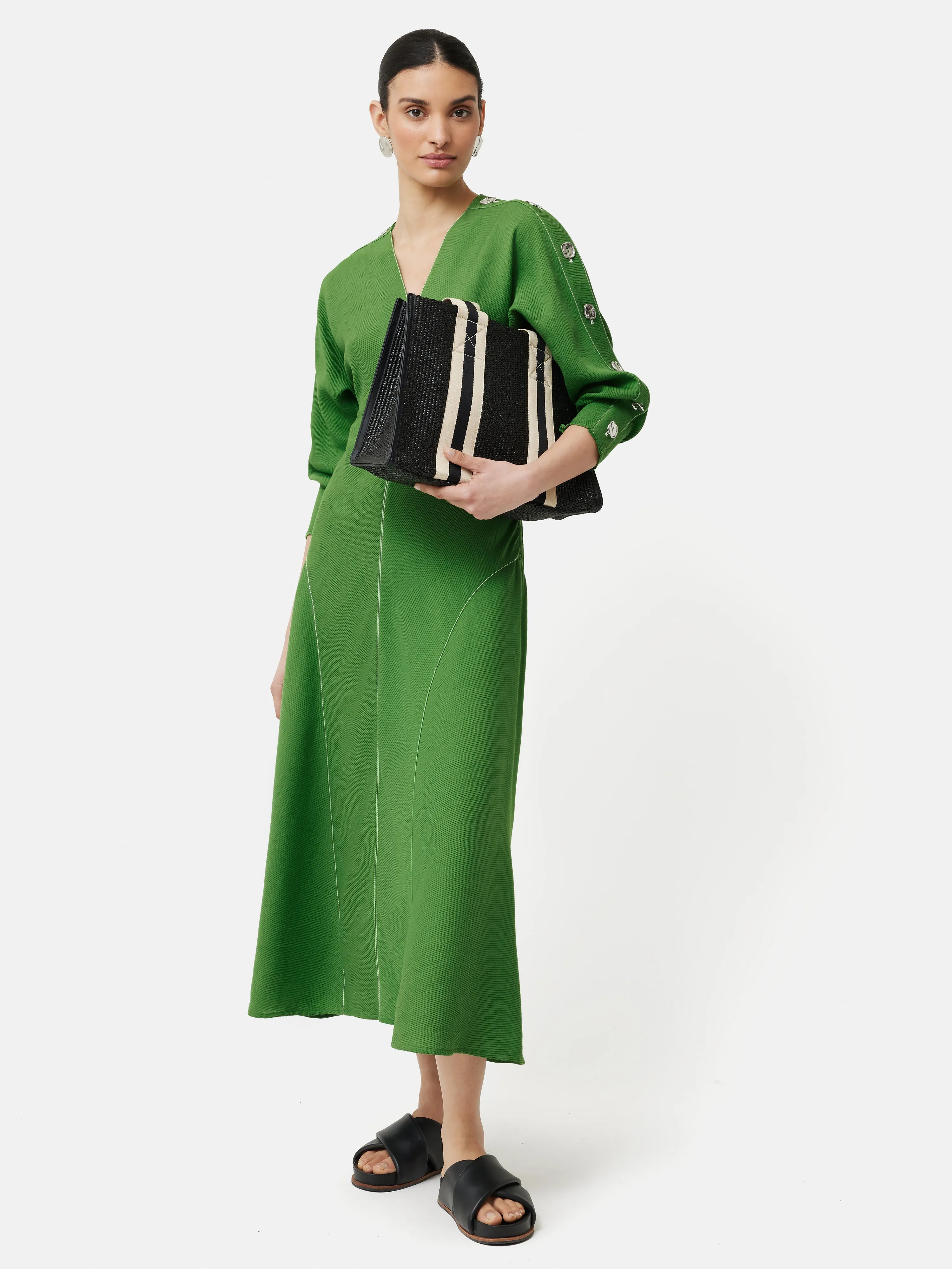 Button Detail Crepe Midi Dress | Green