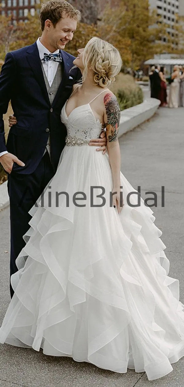 Charming Lace Ruffles Tulle Ball Gown Spaghetti Strap Wedding Dresses, AB1570