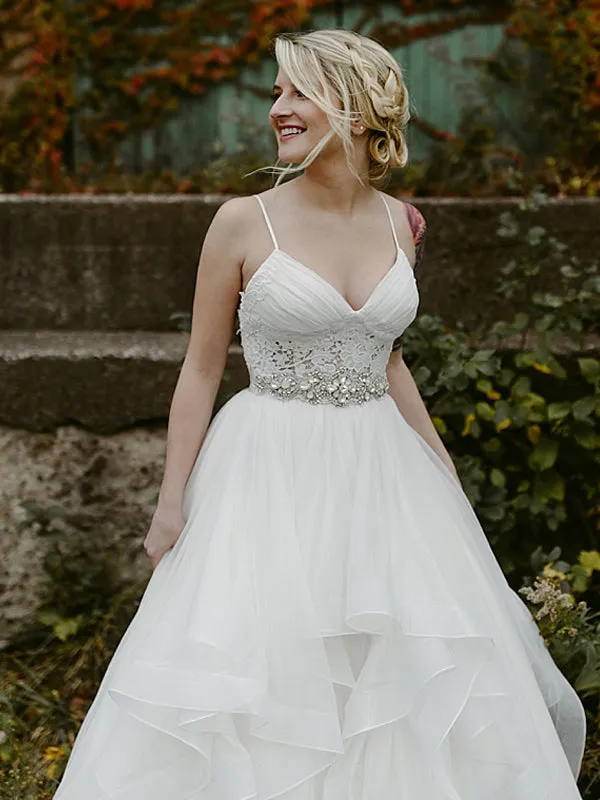 Charming Lace Ruffles Tulle Ball Gown Spaghetti Strap Wedding Dresses, AB1570