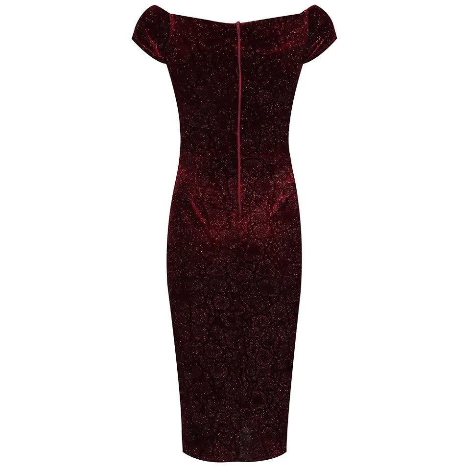 Claret Red Vintage Animal Print Velvet Capped Sleeve Wiggle Dress