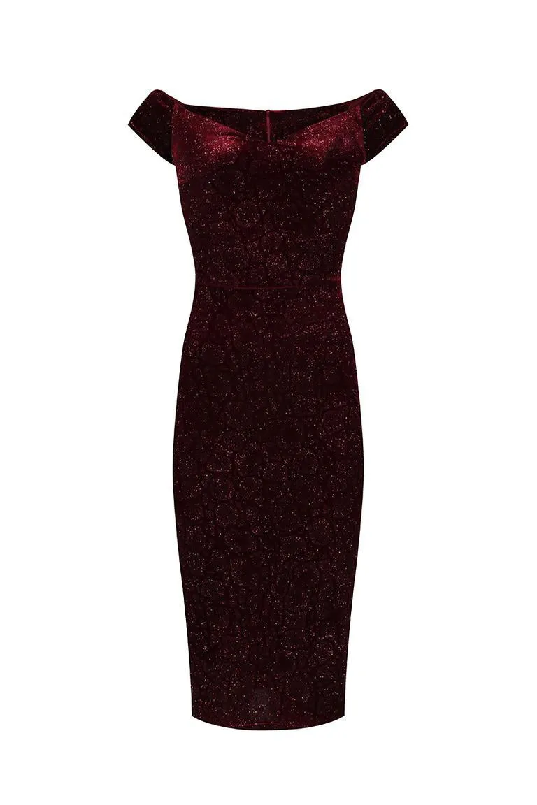 Claret Red Vintage Animal Print Velvet Capped Sleeve Wiggle Dress