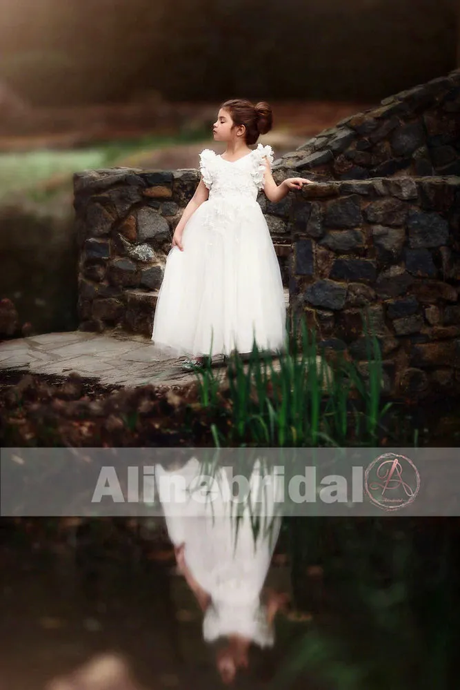 Classic Off White Appliques Tulle Pretty Sleeveless Long Flower Girl Dresses, FGS070