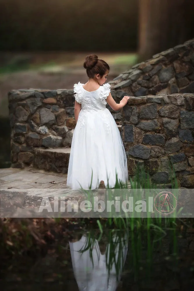 Classic Off White Appliques Tulle Pretty Sleeveless Long Flower Girl Dresses, FGS070