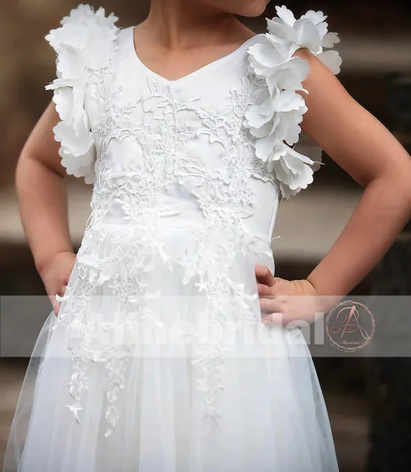 Classic Off White Appliques Tulle Pretty Sleeveless Long Flower Girl Dresses, FGS070