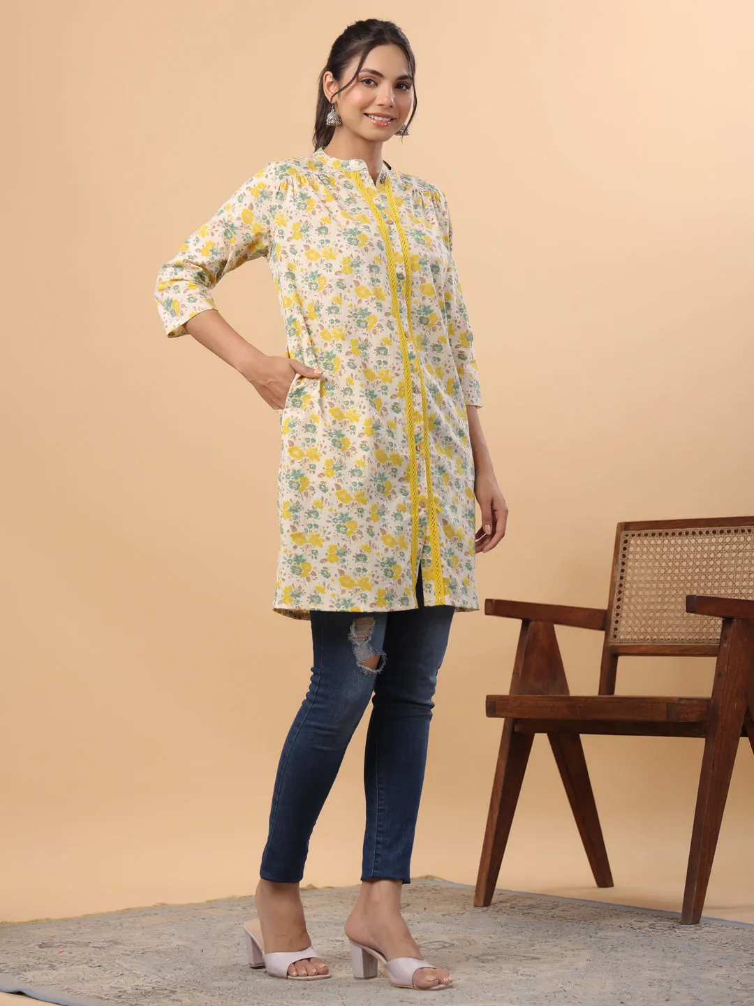 Cream Cotton Floral A-Line Tunic