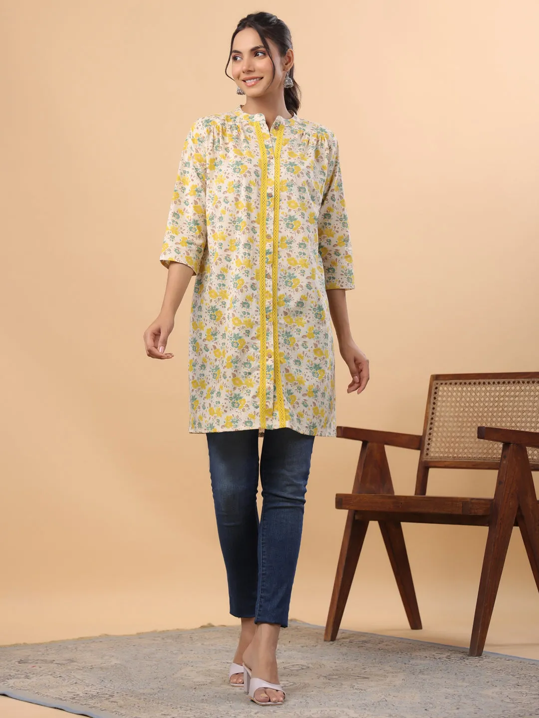 Cream Cotton Floral A-Line Tunic