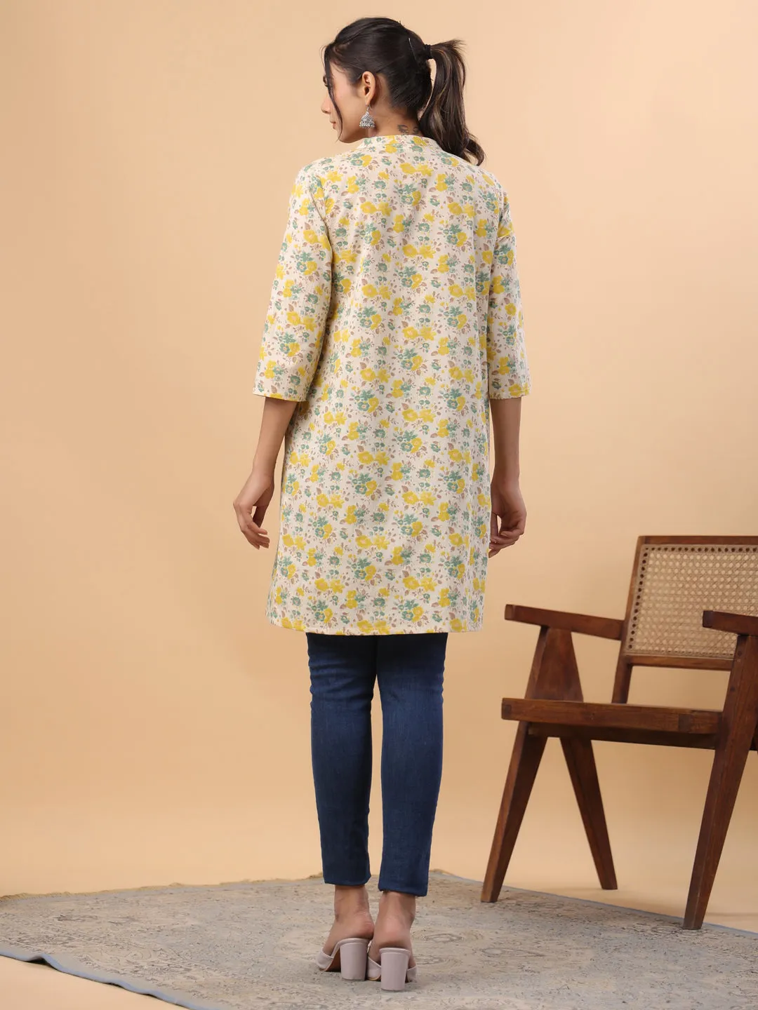 Cream Cotton Floral A-Line Tunic