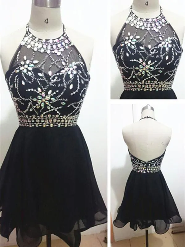 Custom Made A Line Halter Neck Backless Blue/Black Short Prom Dress, Homecoming Dress, Graduation Dress