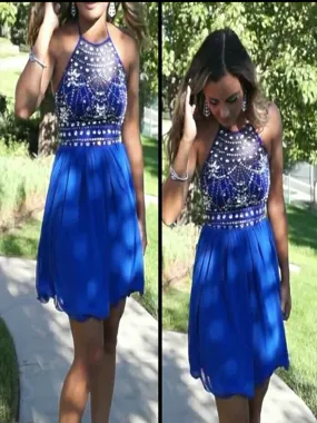 Custom Made A Line Halter Neck Backless Blue/Black Short Prom Dress, Homecoming Dress, Graduation Dress