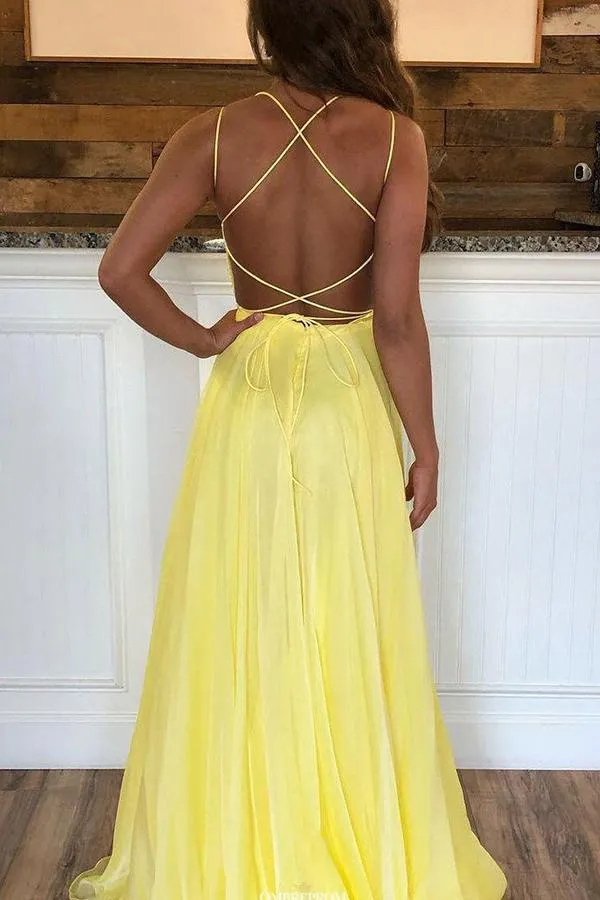 Cute Yellow Chiffon A Line Scoop Neck Sequins Cross Back Prom Dress, SP635