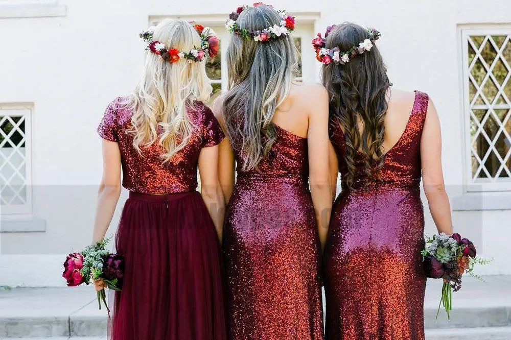 Dark Red Sequin Mismatched Custom Long Bridesmaid Dresses, TYP0792