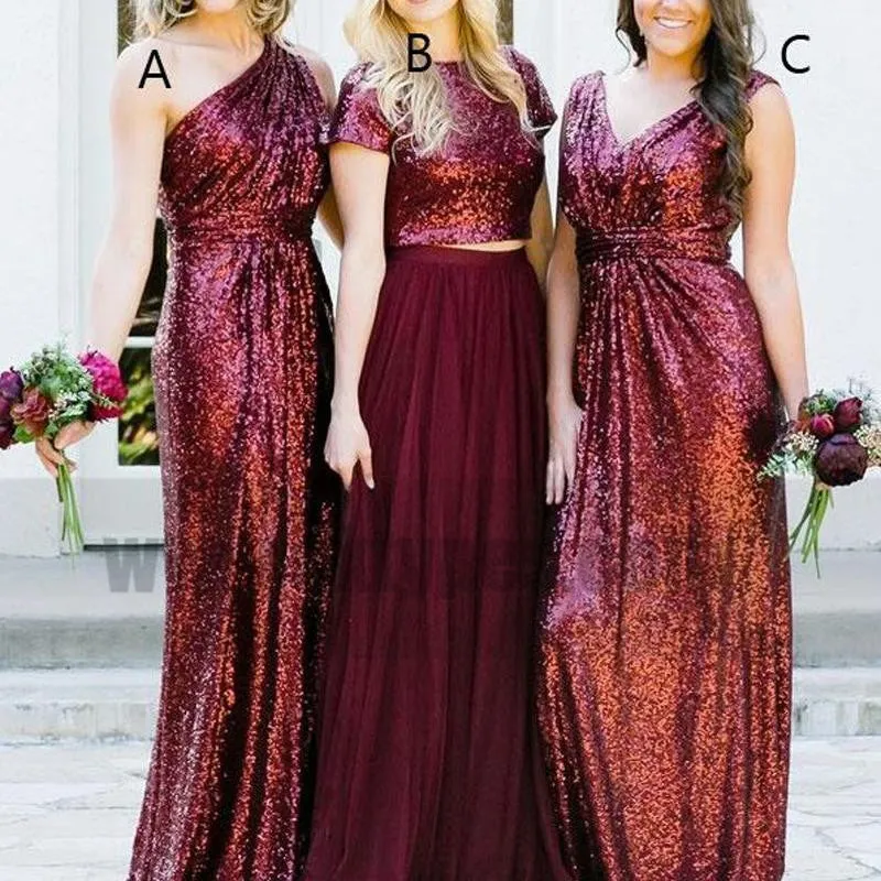 Dark Red Sequin Mismatched Custom Long Bridesmaid Dresses, TYP0792