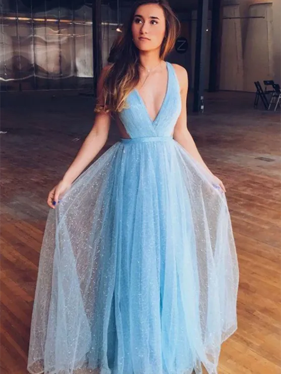 Deep V-neck Light Blue Sequin Tulle Prom Dresses, Shiny Prom Dresses, Long Prom Dresses