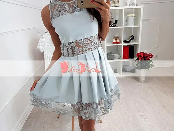 Dusty Blue See Through Lace Round Neck Homecoming Dresses For Teens,BD0157