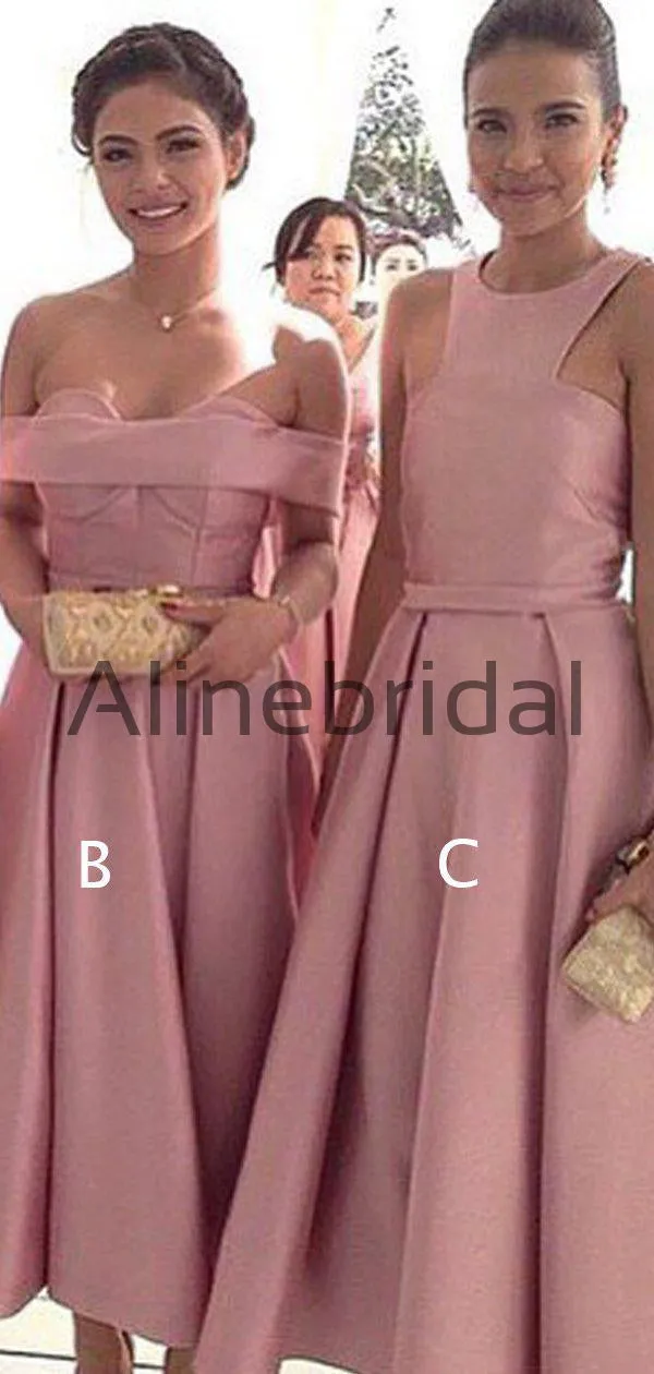 Dusty Rose Satin Mismatched Tea Length Elegant Bridesmaid Dresses, AB4071